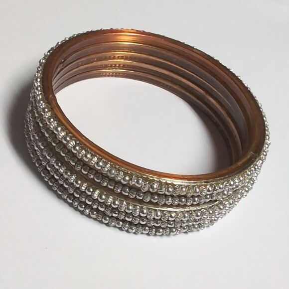 Set of 5 Silver Beaded Bangle Bracelets‎ - Picture 1 of 4